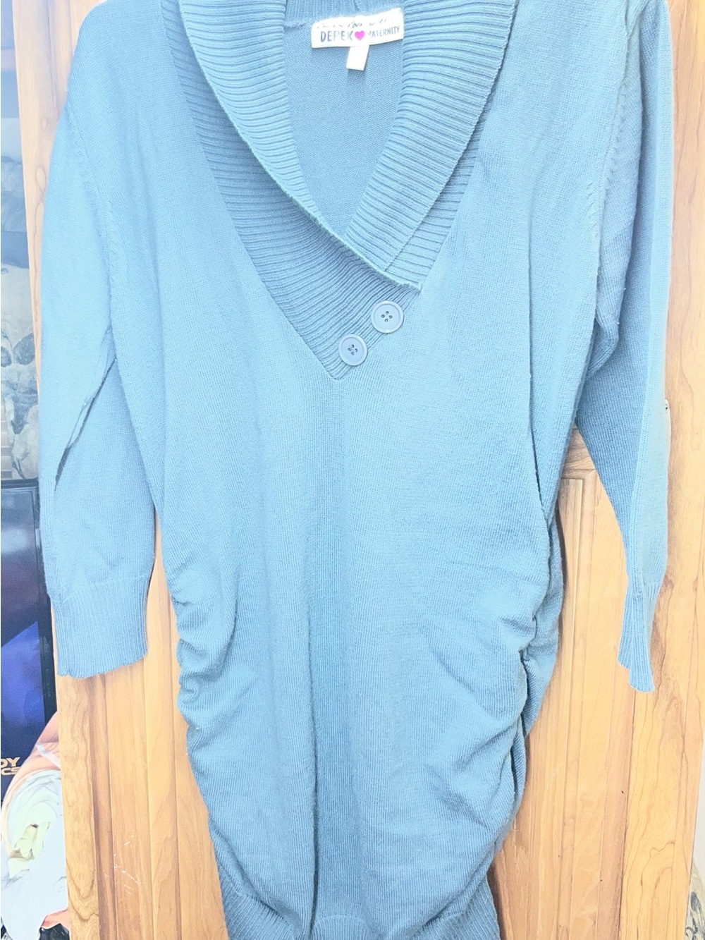 Long Sleeve Grey Maternity Tunic Sweater Featuring A Cowl Neckline W/ Button